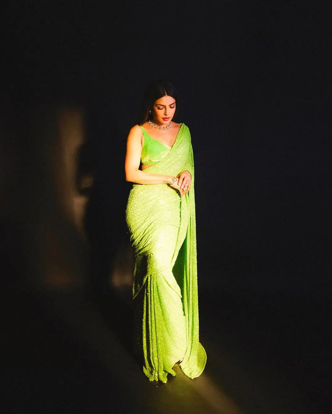 Indian Girl Priyanka Chopra In Green Saree Sleeveless Blouse